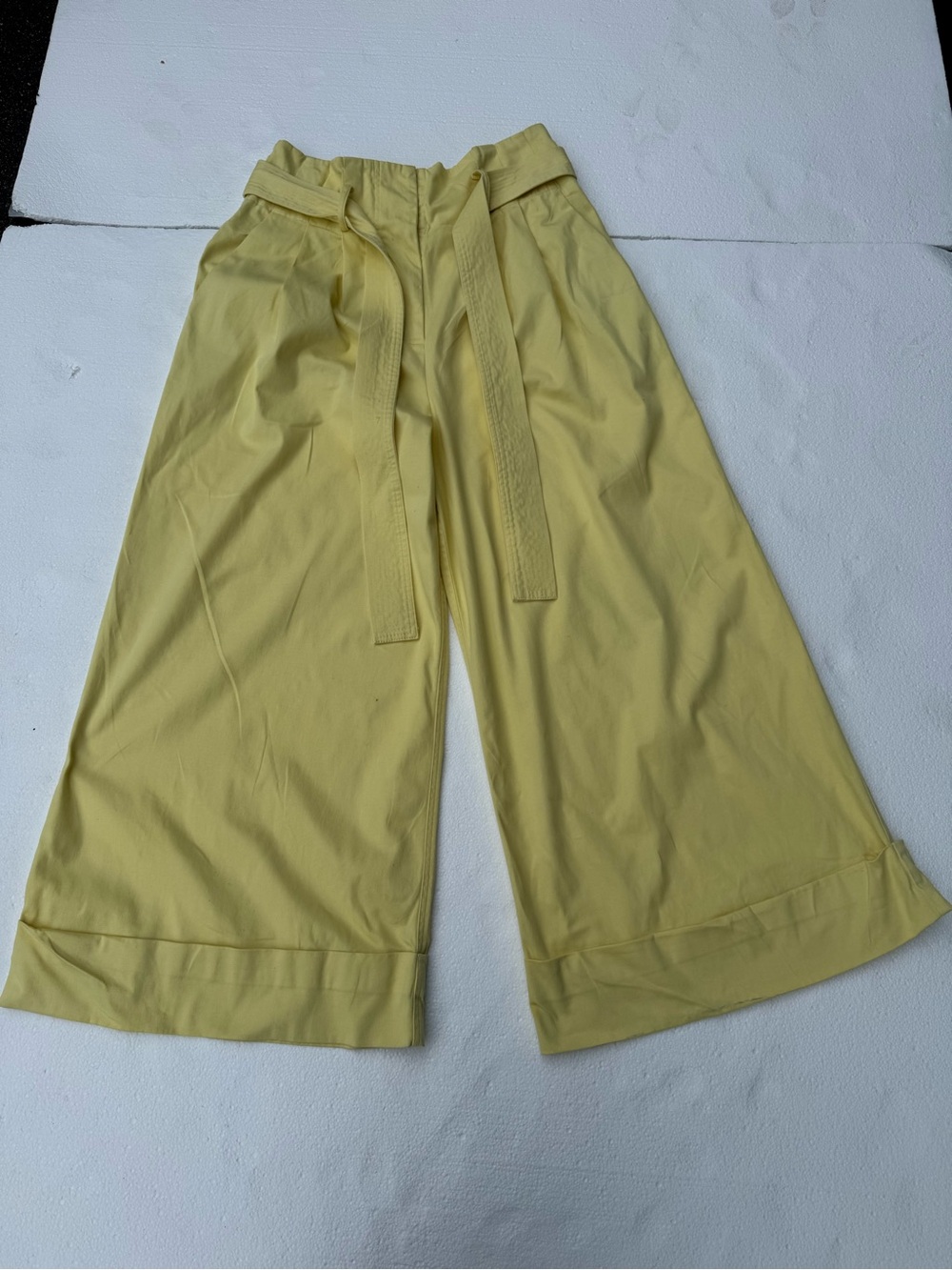 Adam Lippes Pale Yellow Wide-Leg Crop Pants with Self Tie